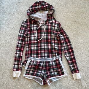 Victoria's Secret Plaid Hoodie Pajama Set - Red, Black, and White